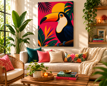 Living room with a toucan painting on the wall, colorful pillows, and a coffee table.
