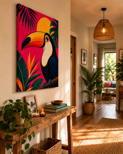 Colorful toucan painting on a wall in a living room with plants and a wooden console table.