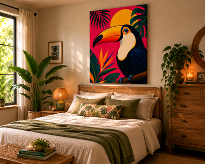 Decorative bedroom with a colorful toucan painting above the bed.