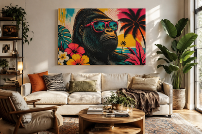 Living room with a colorful painting of a gorilla wearing sunglasses on the wall.