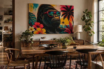 Dining room with a large colorful painting of a gorilla wearing sunglasses on the wall.