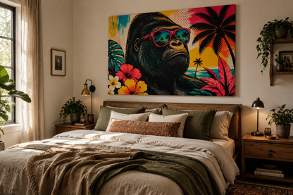 Decorative bedroom with a large painting of an gorilla wearing sunglasses above a bed.