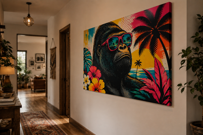 Colorful artwork of a gorilla with sunglasses and tropical elements on a wall.