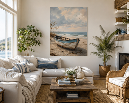 Living room with a large beach scene painting on the wall, white sofa, wooden coffee table, and plants.