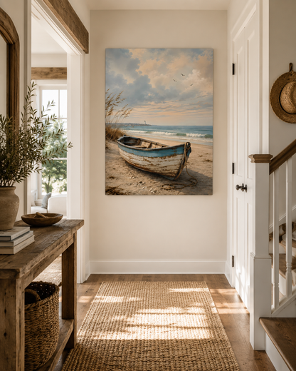 Seaside Rowboat Matte Canvas Wall Art — Coastal Beach Landscape Print