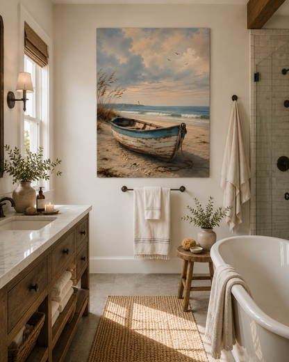 Bathroom with a painting of a beach scene on the wall, featuring a boat.