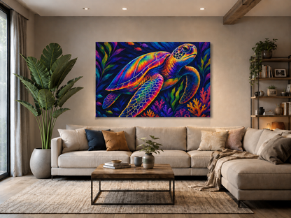 Living room with a colorful turtle painting on the wall, a sofa, and a coffee table.
