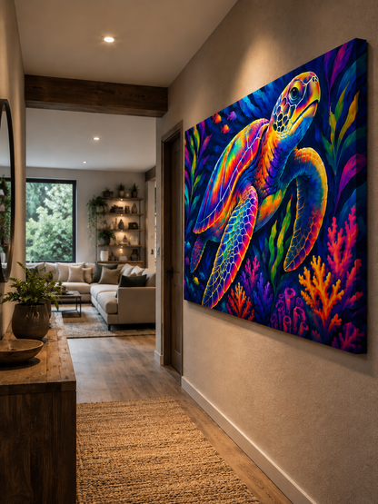 Colorful turtle painting on a wall in a modern living room