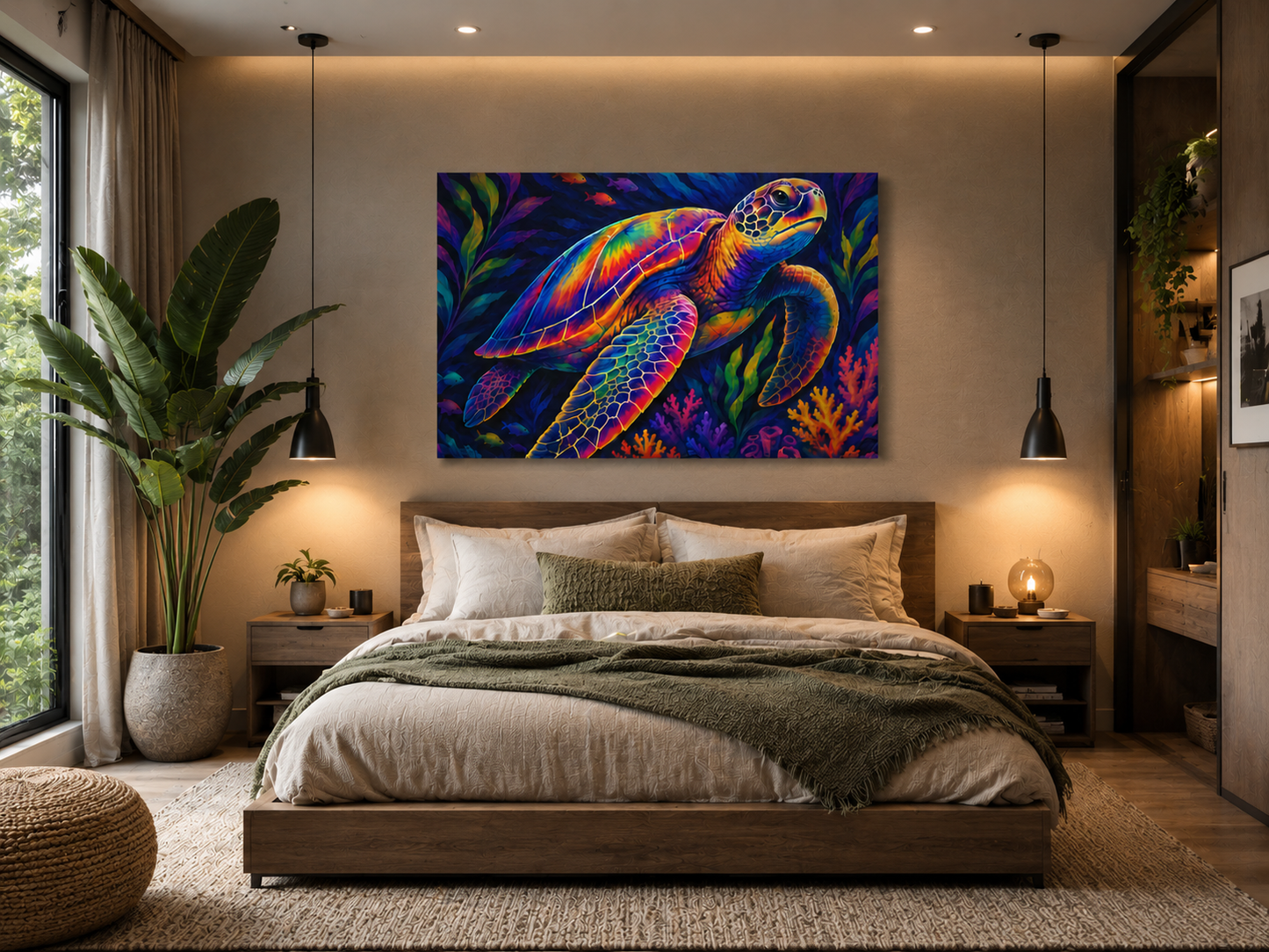 Colorful turtle artwork on a wall above a bed in a stylish bedroom.