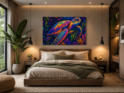 Colorful turtle artwork on a wall above a bed in a stylish bedroom.