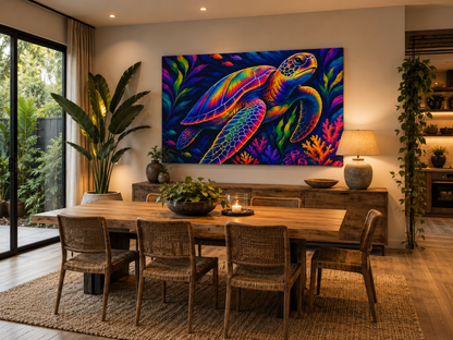 Dining room with a colorful turtle painting on the wall above a wooden table.