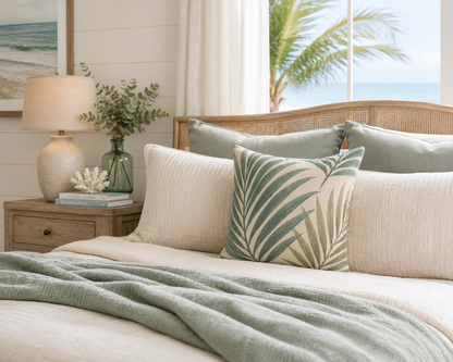 Neatly made bed with decorative pillows in a bedroom setting.