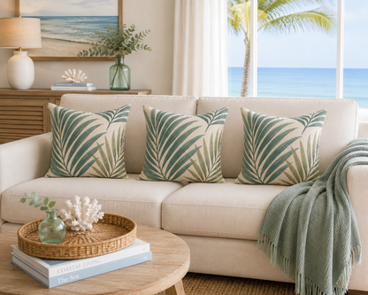 Beige sofa with leaf-patterned cushions in a living room with ocean view