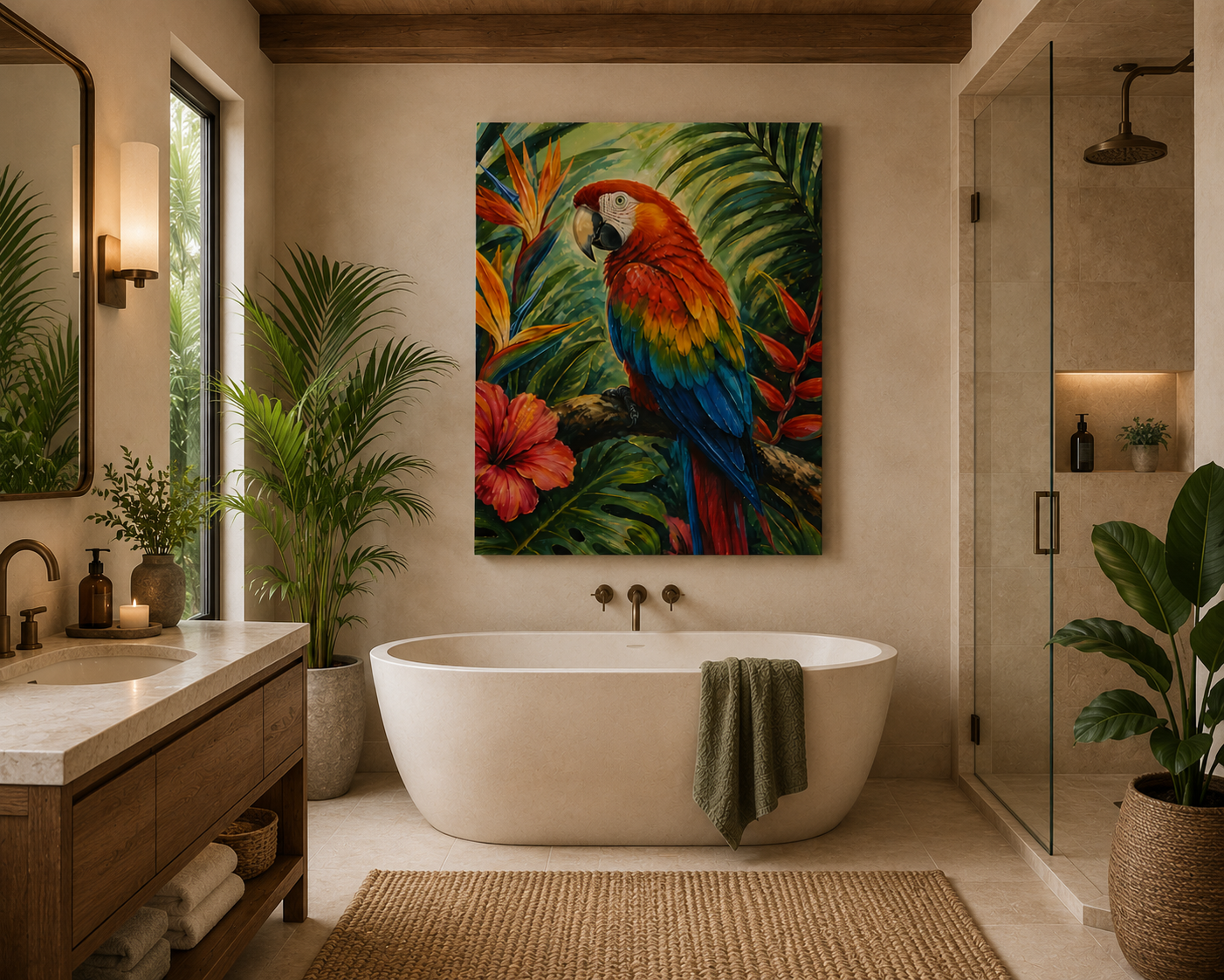 Modern bathroom with a colorful parrot painting on the wall, a freestanding bathtub, and potted plants.
