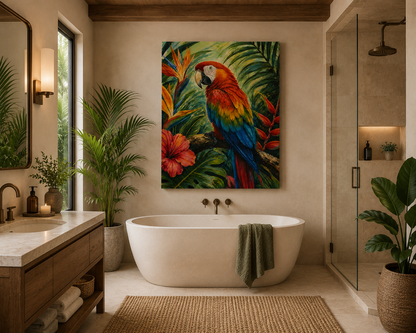 Modern bathroom with a colorful parrot painting on the wall, a freestanding bathtub, and potted plants.