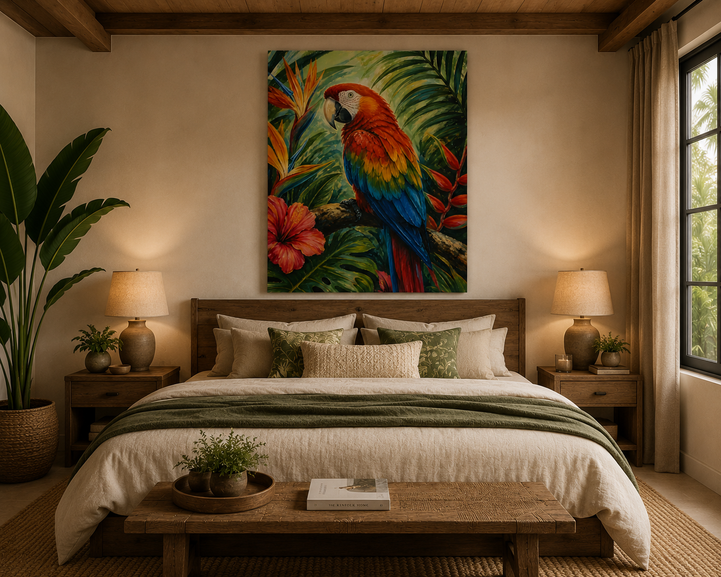 Bedroom with a colorful parrot painting above the bed, two lamps on either side, and a wooden coffee table.