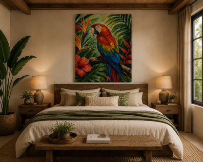 Bedroom with a colorful parrot painting above the bed, two lamps on either side, and a wooden coffee table.