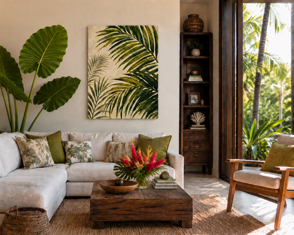 Living room with a tropical theme, featuring a couch, coffee table, and wall art.