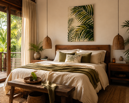 Cozy bedroom with a bed, wooden bench, and tropical decor.