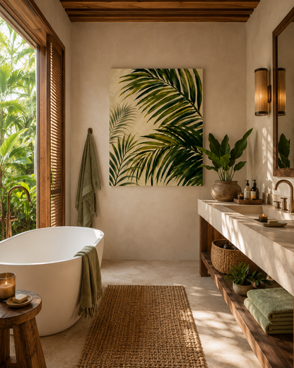 Bathroom with a tropical theme, featuring a bathtub, plants, and wall art.