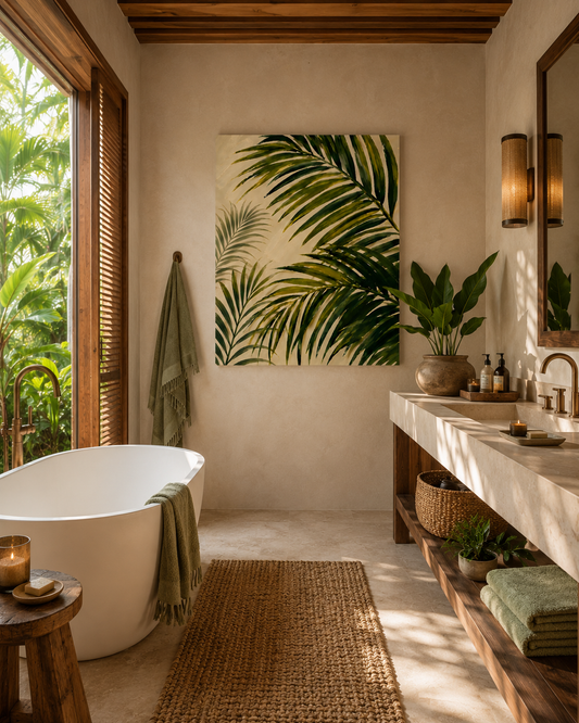 Bathroom with a tropical theme, featuring a bathtub, plants, and wall art.