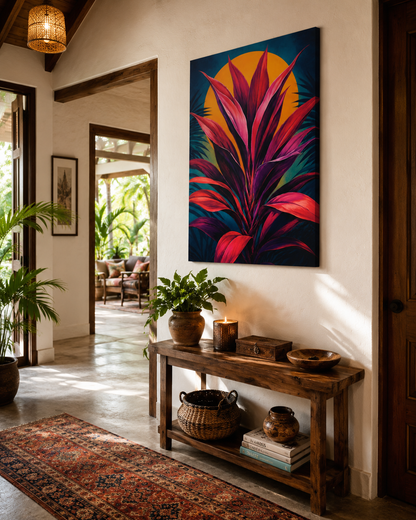Colorful abstract cordyline painting on a wall in a home interior with a wooden console table and decor items.