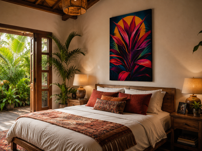 Decorative bedroom with a bed, colorful artwork, and plants.