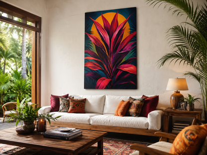 Living room with a colorful ti plant painting on the wall, white sofa with patterned cushions, and a lamp.
