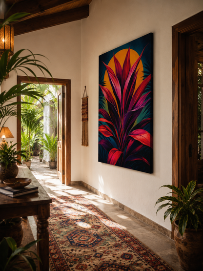 Colorful abstract painting on a wall in a sunlit room with plants and a rug.