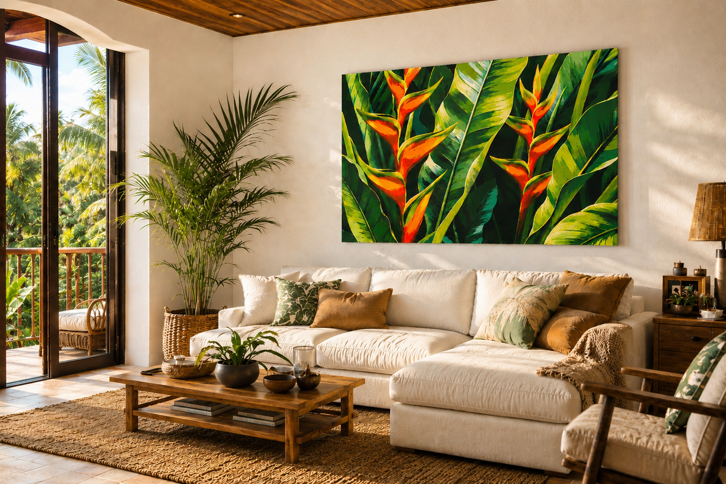 Living room with a large tropical plant painting on the wall