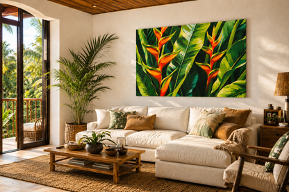 Living room with a large tropical plant painting on the wall