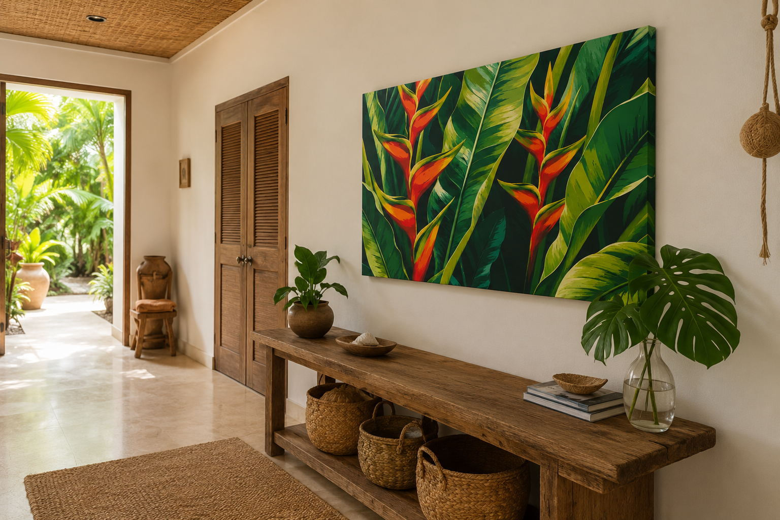 Decorative interior with a tropical painting, wooden bench, and plants.