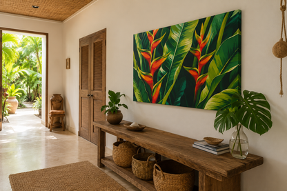 Decorative interior with a tropical painting, wooden bench, and plants.