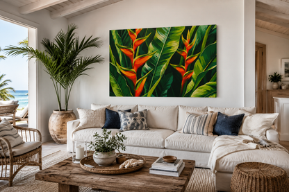 Living room with a large painting of tropical leaves, a white sofa, and a wooden coffee table.