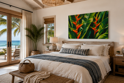 Beachside bedroom with a large bed, tropical plant painting, and ocean view.