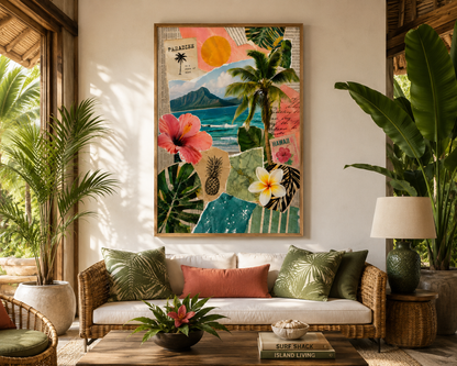 Tropical-themed living room with a colorful wall art piece, wicker furniture, and plants.