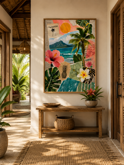 Decorative collage with tropical elements on a wall above a wooden console table.