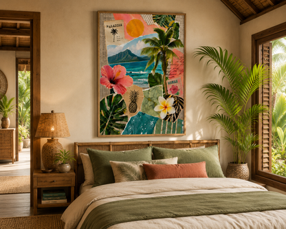 Tropical-themed bedroom with a colorful abstract painting above the bed.