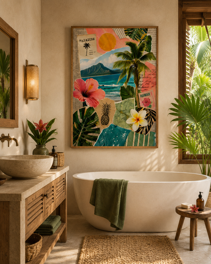 Bathroom with a tropical-themed wall art piece, wooden vanity, and freestanding bathtub.