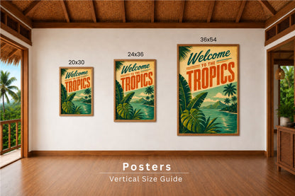 Three 'Welcome to the Tropics' posters on a wall with vertical size guide labels.