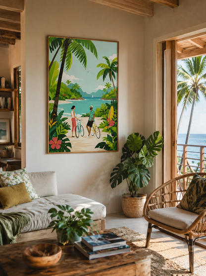 Living room with a tropical painting on the wall, plants, and a view of palm trees outside.