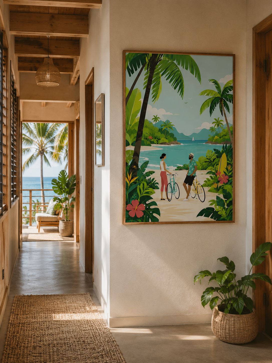 Tropical Beach Poster - Vintage Vacation Couple with Bikes Matte Vertical Art Print