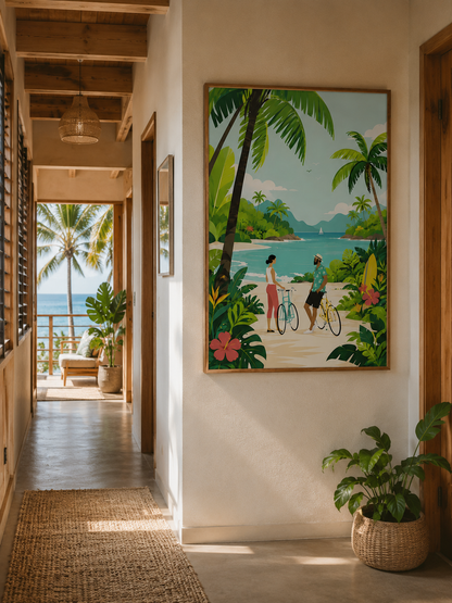 Framed tropical beach scene painting on a wall with a view of palm trees and a house.