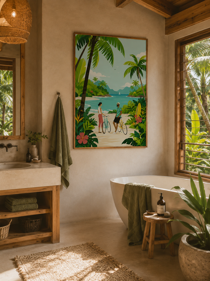 Bathroom with a tropical scene painting, bathtub, and wooden shelves.