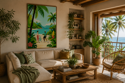 Cozy living room with a tropical painting, couch, and plants.