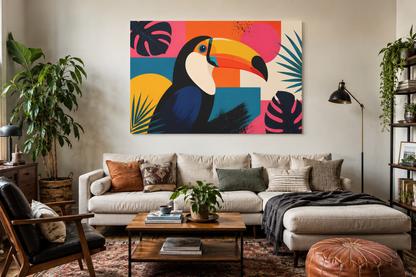 toucan abstract collage canvas print wall art on living room wall
