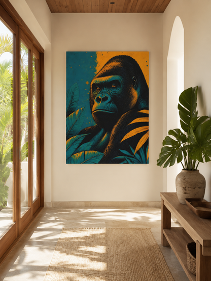 Modern interior with a large painting of a gorilla on the wall, a wooden bench, and a plant.