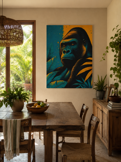 Dining room with a large gorilla painting on the wall