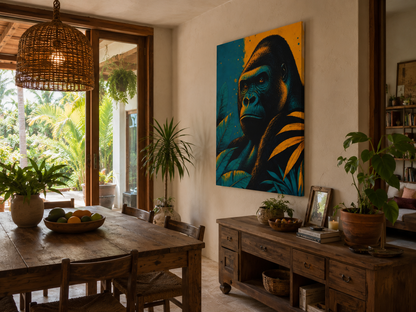 Dining room with a large painting of a gorilla on the wall, wooden table, and chairs.
