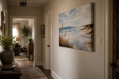  hallway with a beach-themed painting on the wall